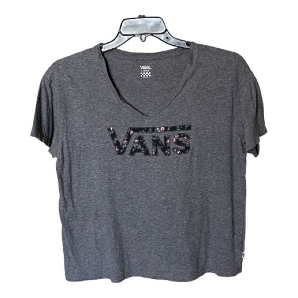 Vans Gray 100% Cotton Short Sleeve V Neck Logo Graphic Tee Shirt Top Size Large